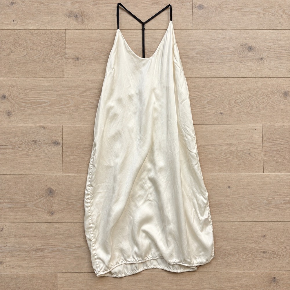 Lunya Silk Slip Dress Womens Large Cream Black T-Back Washable Pockets Excellent